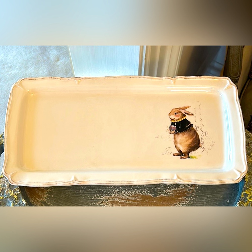 NWT Rae Dunn Magenta Paris Ceramic Rectangular Tray with Rabbit Design RARE